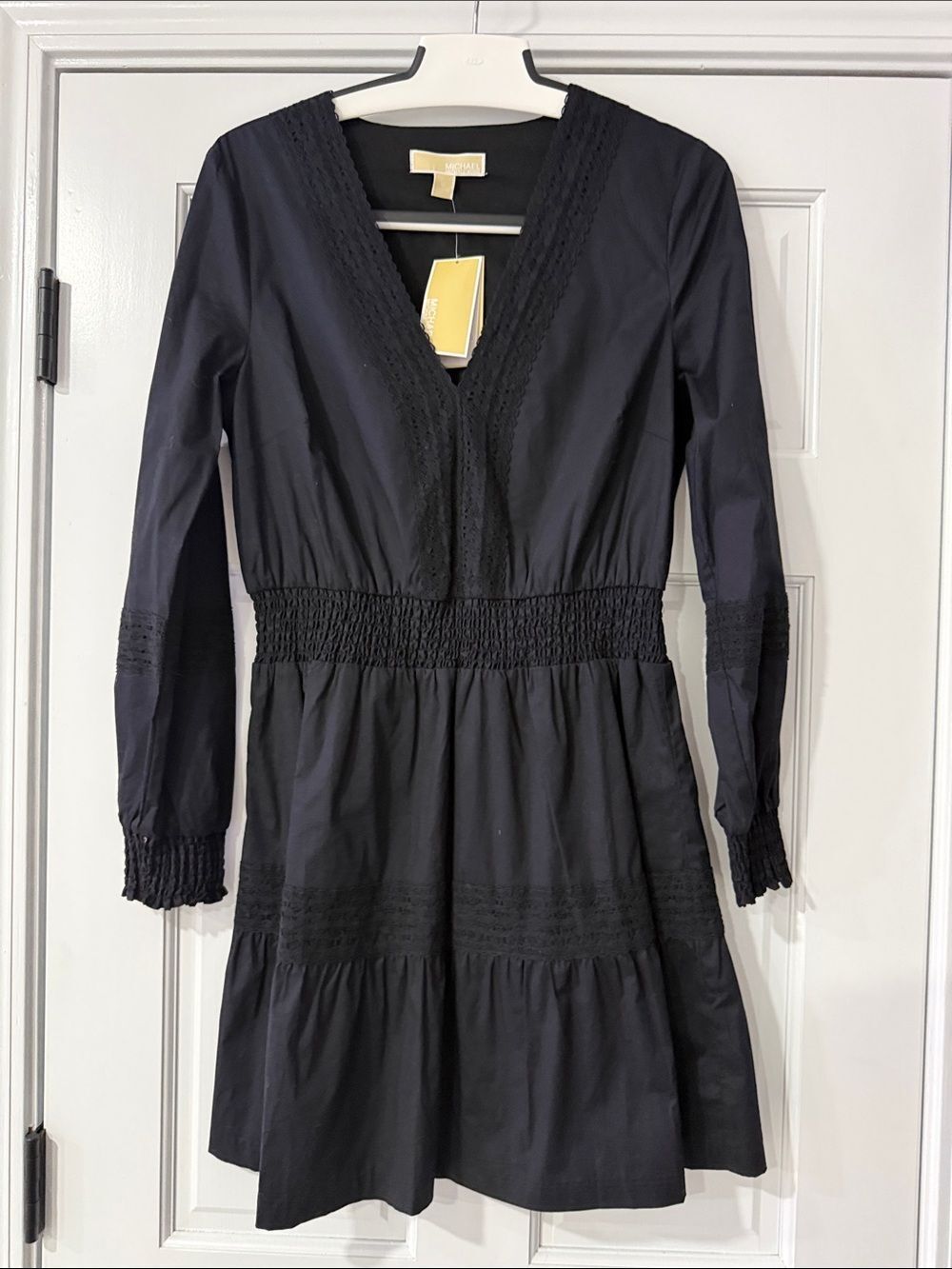 MICHAEL Michael Kors Black Long-Sleeve V-Neck Smocked Waist Dress Sz M BNWT $175